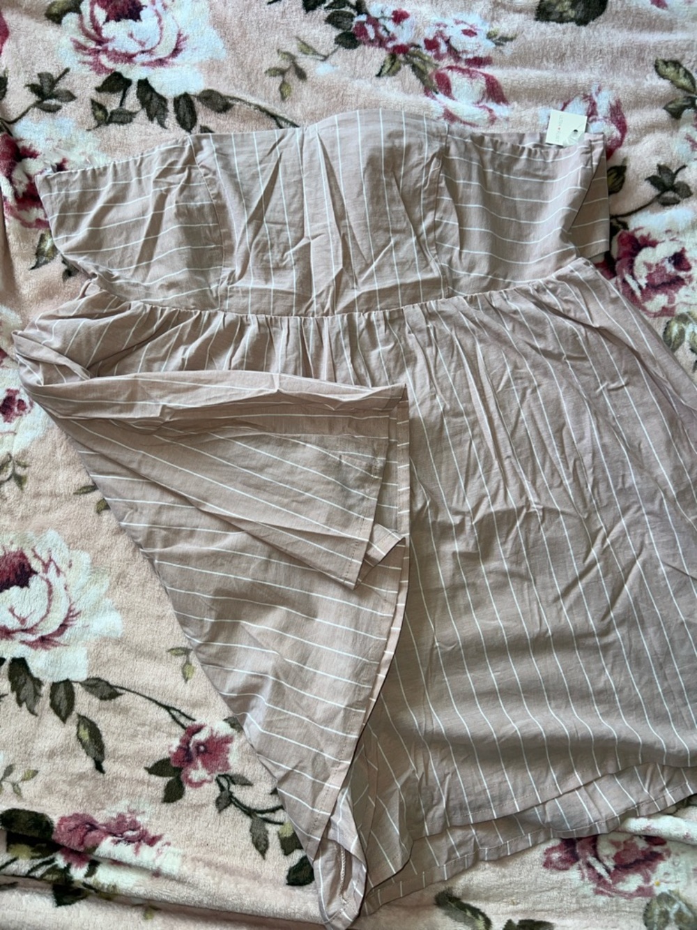 Ultra Flirt Beige Striped Strapless Romper